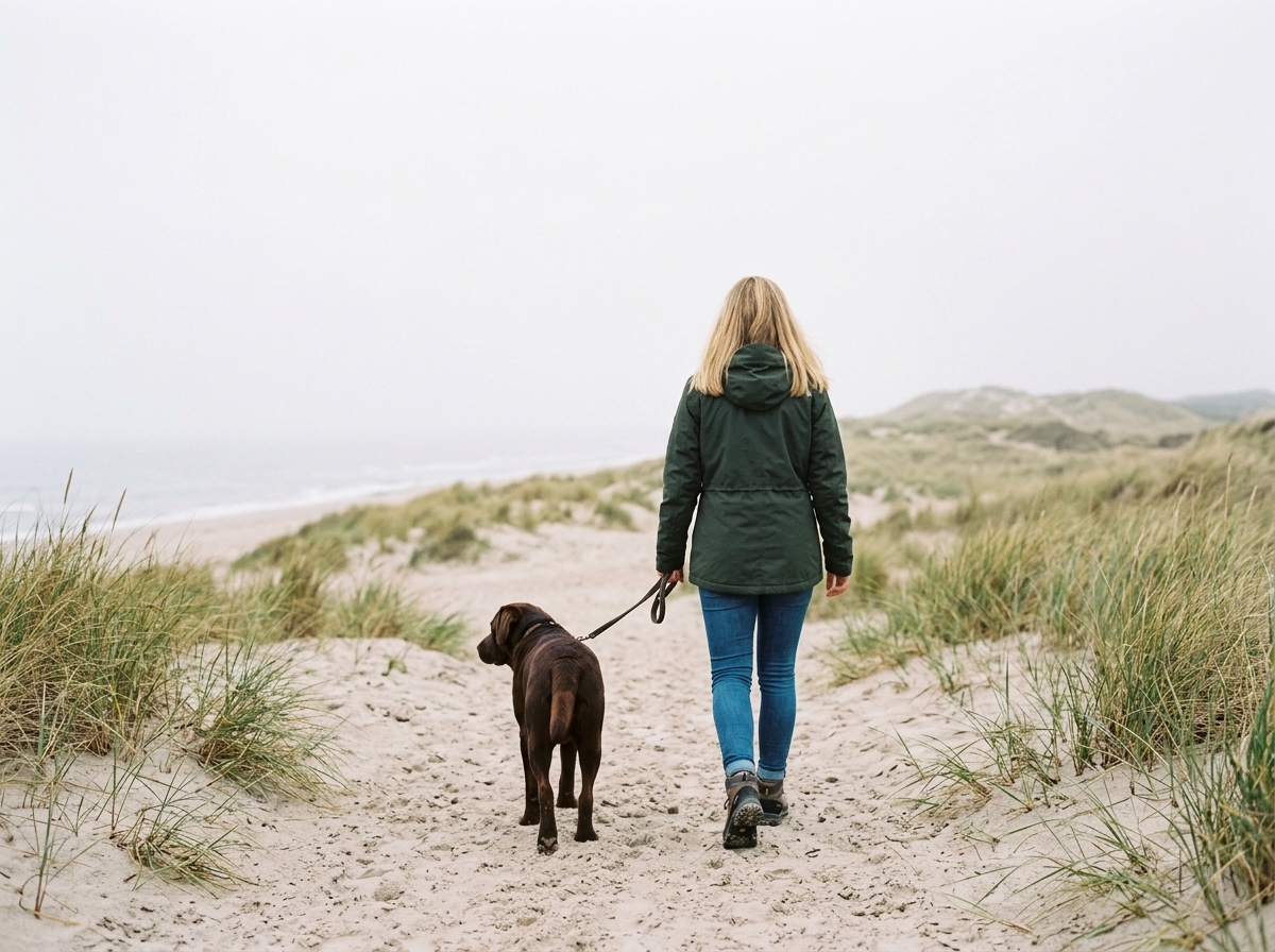 Franziska Friese geht mit einem Hund einen Weg durch die Dünen entlang