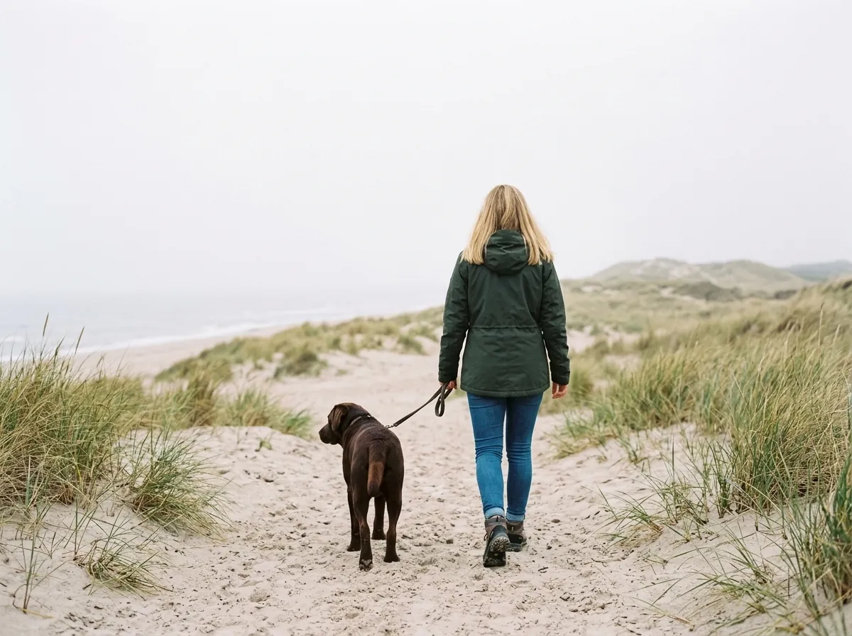 Franziska Jelovcic geht mit einem Hund einen Weg durch die Dünen entlang
