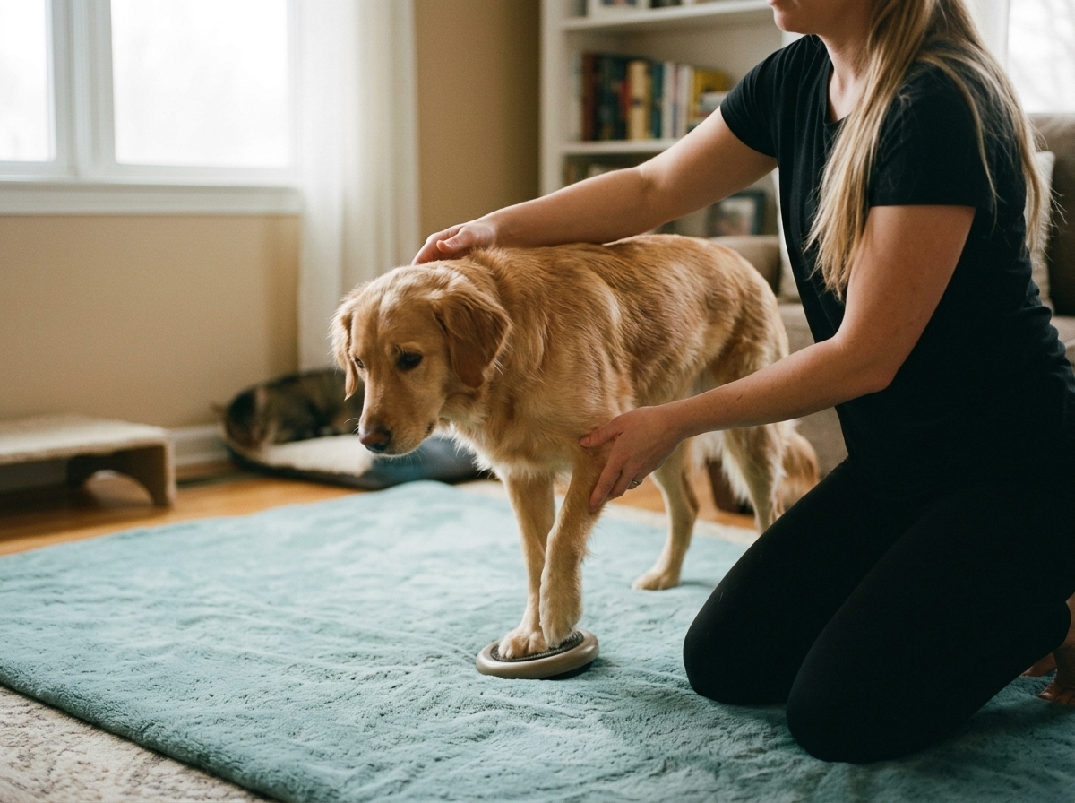 Franziska Friese führt einen Golden Retriever bei einer Balance-Übung auf einer Matte