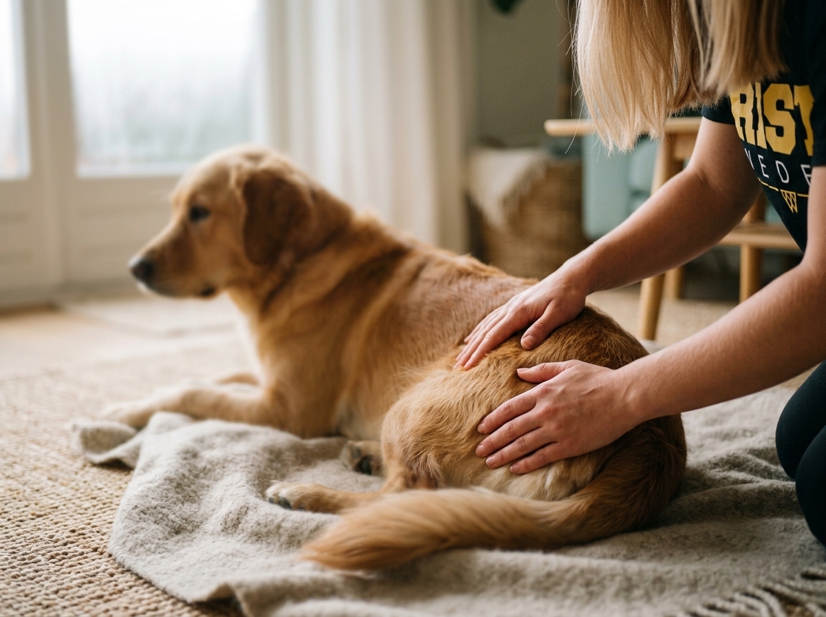 Behandelnde Hände auf dem Rücken eines Golden Retrievers während einer Therapiesitzung zu Hause
